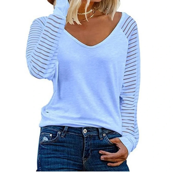 Amazon Tops - Amazon Women’s V-Neck Long Sleeve T-Shirt White Size L Stripe Sleeves